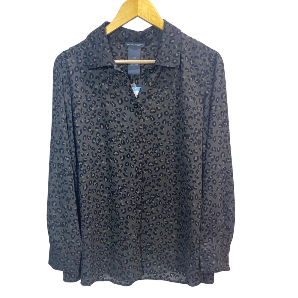 Chelsea & Theodore Leopard Print Blouse, Women's L Long Sleeve‎ Button-Up, NWT